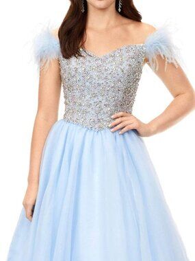 NWT Ashley Lauren 11314 Tulle Skirt Feather Beaded Prom Dress Sky size 12